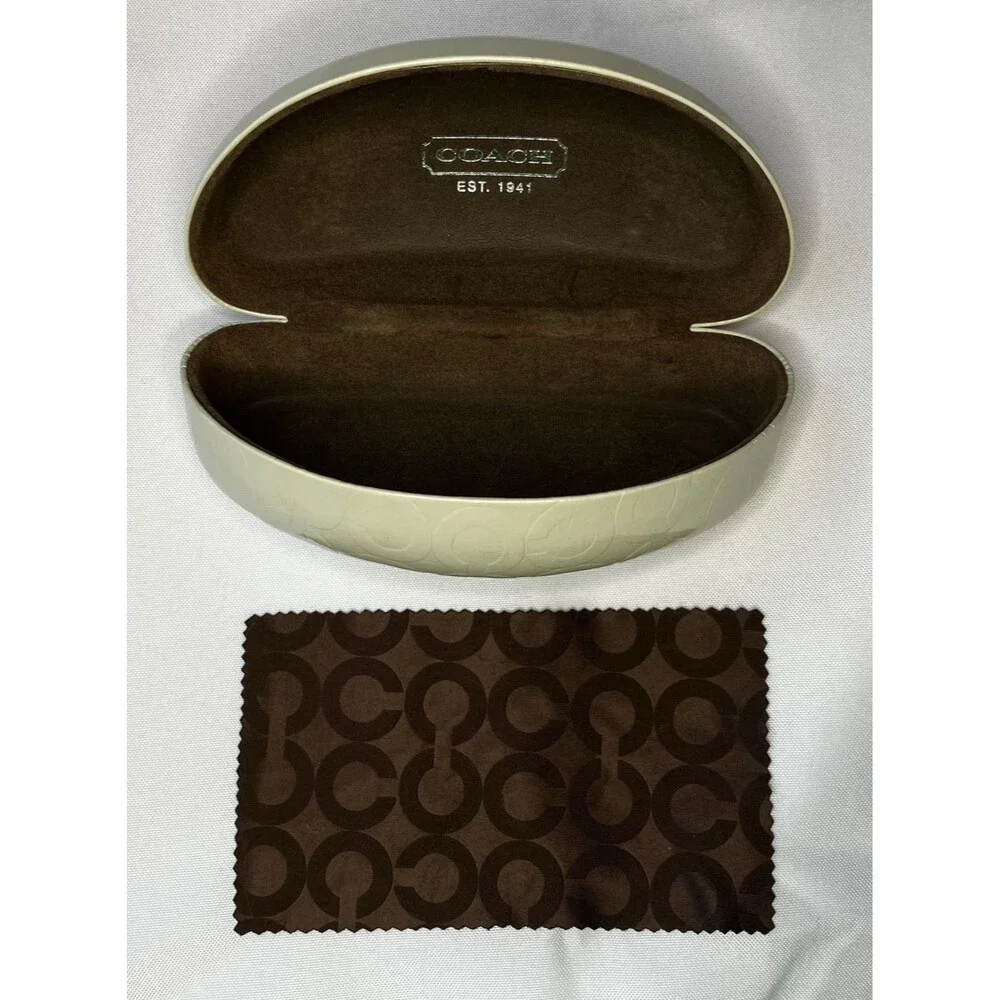 Coach Eyeglass Holder Hard Case Cream with Brown Interior Coach Cleaning Cloth